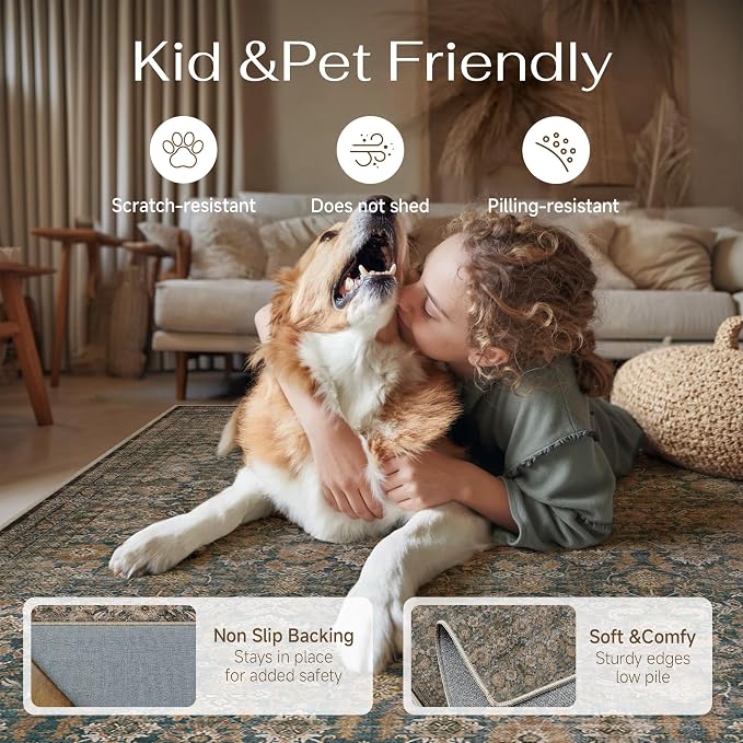 5x7 Washable Traditional Area Rug for Living Room Brown Floral Non Slip Low Pile Throw Rug Neutral Vintage Stain Resistant Carpet Bedroom Kitchen Playroom Office Dining Room