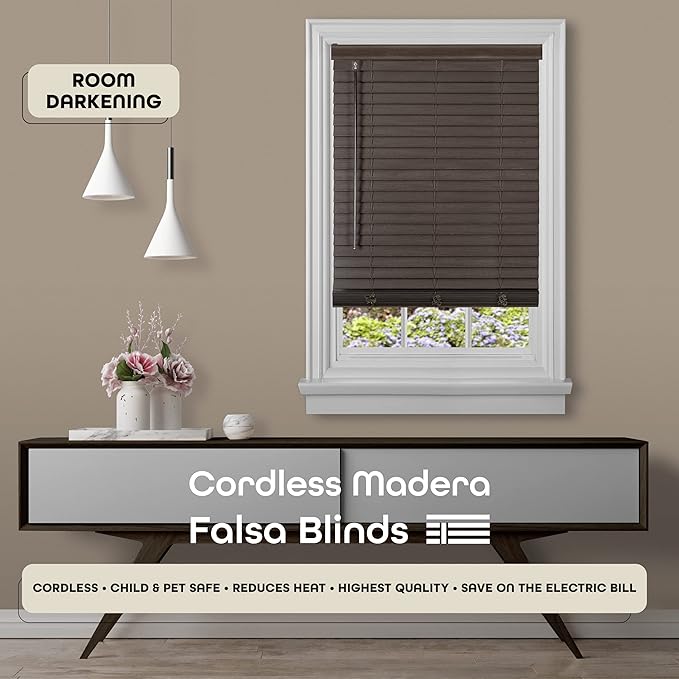 Cordless Room Darkening Plantation Blind - 34 Inch Width, 64 Inch Length, 2" Vinyl Slat Size - Mahogany - GII Madera Falsa Faux Wood, Light Filtering Horizontal Windows Blinds by Achim Home Decor