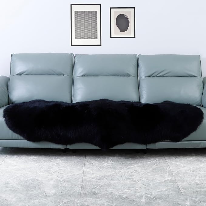 Genuine Sheepskin Rug New Zealand Fluffy Lambskin Rug, Natural Luxury Sheepskin Throw for Bedroom Living Room Children's Room - Premium Area Rug Chair Cover (2×6 Feet, Black)