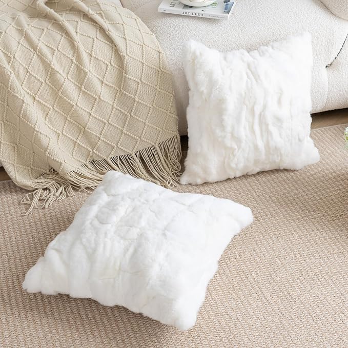 Genuine Rabbit Fur Throw Pillow Covers Set of 2,Luxury Decorative Pillowcases Soft Fluffy Animal Skin Accents Square Cushion Cover for Couch Sofa Bedroom Living Room Home,18x18 inch,White