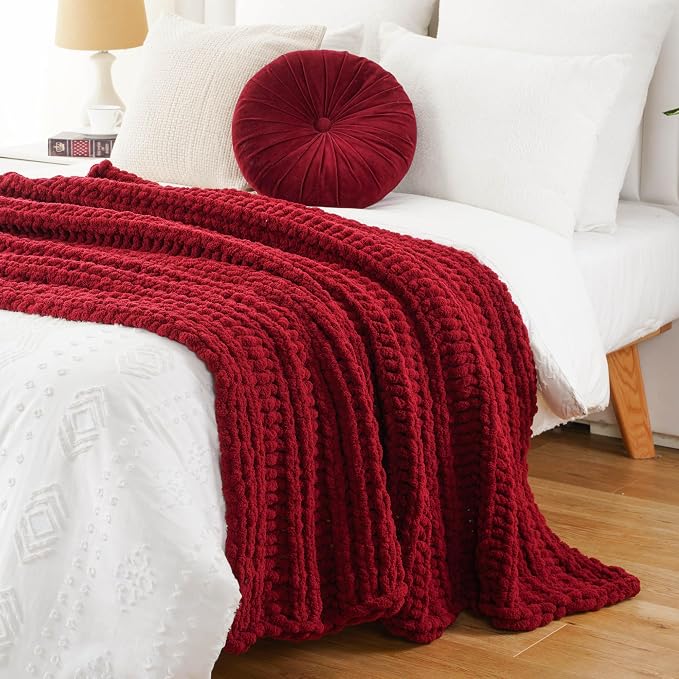 Battilo Chunky Knit Throw Blanket for Couch, Christmas, 50"x60", Dark Red | Hand Knit, Gift Blanket, Cozy Warm Thick Soft Chenille Throw Blanket for Bed, Sofa, Chair, Living Room