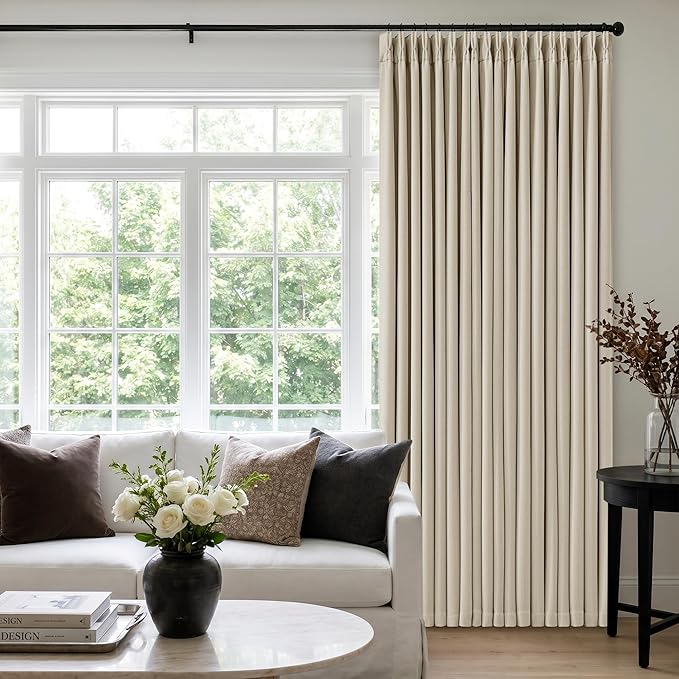 Extra Wide Blackout 60 x 96 Inch Curtains 1 Panel for Bedroom, Beige Oatmeal Pinch Pleat Room Darkening Pinch Pleated Curtain Sound Dampening for Sliding Patio Door Large Window Drapes