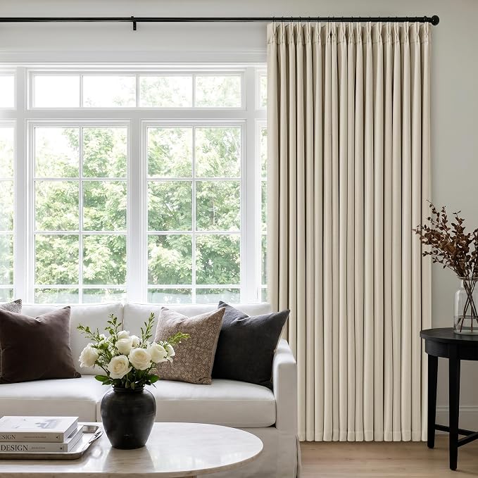 Extra Wide Blackout 60 x 90 Inch Curtains 1 Panel for Bedroom, Beige Oatmeal Pinch Pleat Room Darkening Pinch Pleated Curtain Sound Dampening for Sliding Patio Door Large Window Drapes