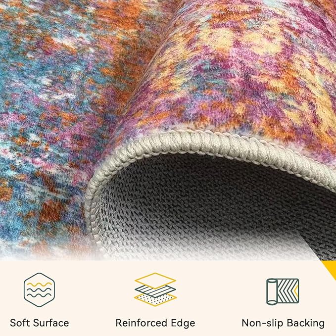 RELEANY Washable Area Rugs 10'x14 Non-Slip Modern Abstract Soft for Living Room Entryway Bedroom Nursery, Print Pattern, Orange Blue Pink Yellow Colorful