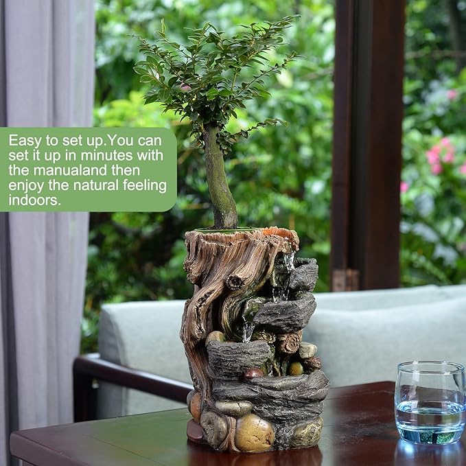 GOSSI Indoor 5-Tier Rockery Tabletop Waterfall Fountain with Auto Watering and Small Plastic Plant Pot, Decorative Home Water Fountain (22021)