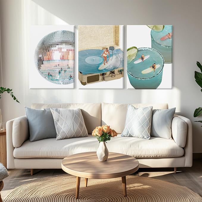 Blue Coastal Groove Wall Art Retro Disco Beach Canvas Poster Summer Surf Wall Decor Trendy Coastal Pictures Ocean Painting Preppy Aesthetic Prints Funky Artwork for Bedroom 12x16 Inch Ready to Hang