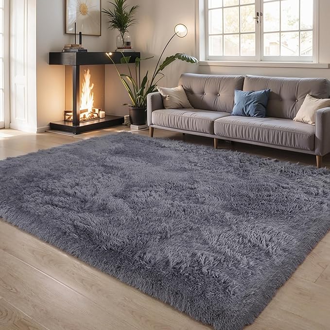 KICHOWUA Thick Area Rug 5x7 Grey Fluffy Shag for Bedroom, Extra Soft Plush Fuzzy Washable Thickened Non-Slip Floor Carpet for Living Room, Cozy Furry Shaggy Rug for Kids Baby Boys Girls Nursery Dorm