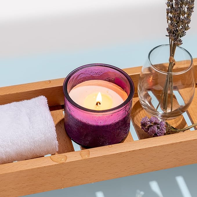 10 oz Purple Mandala Glass Candle Jars with Bamboo Lids, 9 Pack | Patented Embossed Design, Includes Wick Centering Devices & Warning Labels, Multiple Color Options