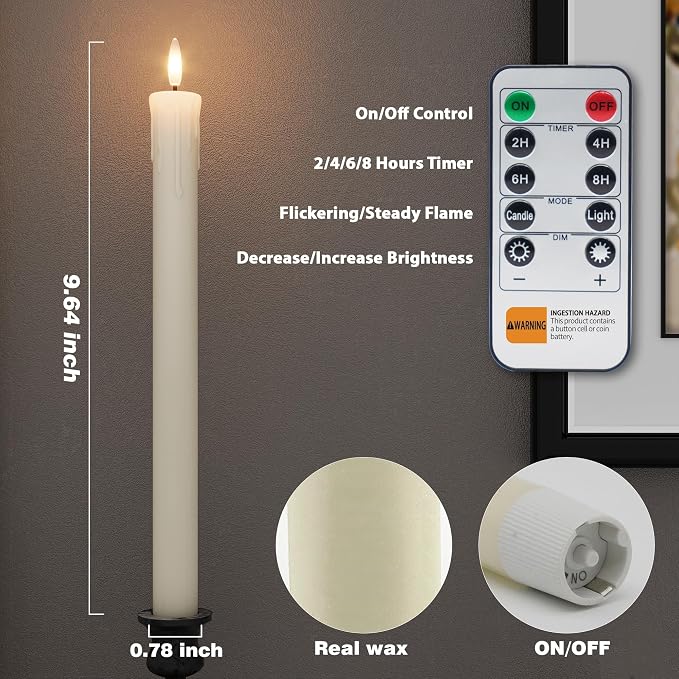 Rechargeable Flameless Taper Candles with Remote, Charging Station, 6 Pcs | 0.78x9.6" Ivory wax LED tapers, 3D flicker, USB-C charging base, up to 160-hour runtime for Home Wedding Christmas Decor