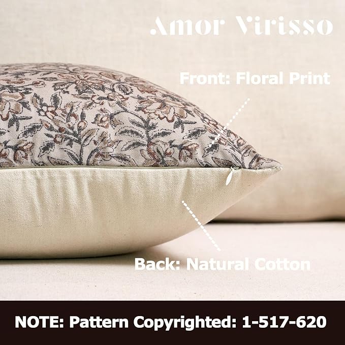 Amor Virisso Floral Throw Pillow Covers 18x18 Set of 2 Couch Pillows for Living Room Farmhouse Vintage Block Print Pillow Covers Decorative Pillow Covers Accent Sofa Pillows, Green/Sand