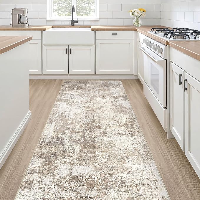 Runner Rug Kitchen Washable Rugs: 2x6 Non-Slip Abstract Soft Modern Stain Resistant Indoor Floor Neutral Accent Throw Carpet for Hallway Bathroom Laundry Room Entryway Bedroom- Beige Brown