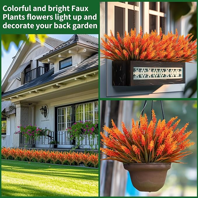 Nigirior Artificial Fall Flowers for Outdoor Plants 24 Bundles Fake Lavender Plastic Faux Monkey Grass for Verandah Window Garden Office Patio Front Porch UV Resistant for Planter(Autumn Orange)