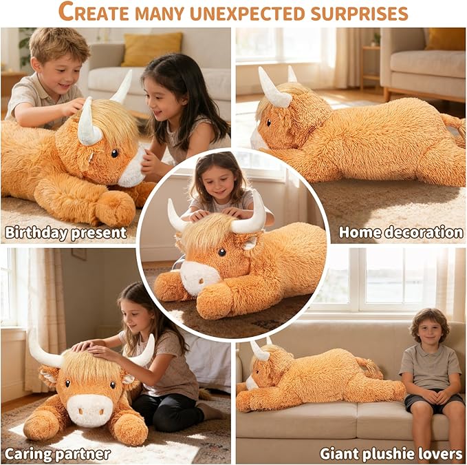 39 Inch Giant Highland Cow Stuffed Animal, Big Cattle Plushie Toy for Kids & Adults, Fluffy Large Size Stuffed Cow Hugging Pillow Gifts for Birthday (Yellow)