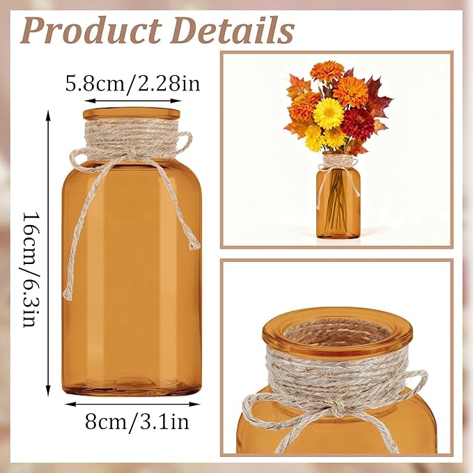 Vintage Glass Flower Vase, Farmhouse Glass Centerpiece Vases Mason Jars for Weddings, Parties & Home Decor Bulk (3, Amber)