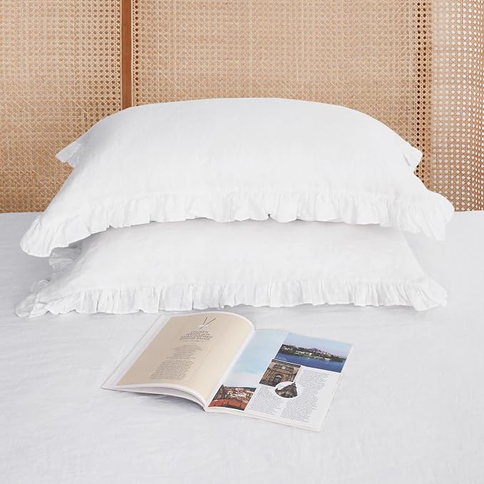 Linen Ruffled Pillow Cases,100% French Natural Linen Pillowcase Set of 2,Ruffled Linen Pillow Shams,Decorative Boho Pillow Cases Ruffle Bedding Standard Size (20''x30''),White