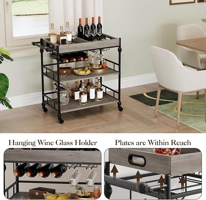 IDEALHOUSE Bar Cart, 3 Tier Bar Carts for Home with Wheels, Metal Rolling Serving Cart with Wine Rack & Glass Holder, Removable Tray and Storage Shelves for Kitchen, Dining Room, Living Room – Grey