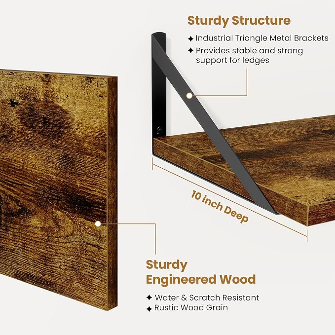 Deep Floating Shelves,16"Wx10"D Floating Shelves for Wall Set of 2,Heavy Duty Wood Floating Shelf with Metal Bracket,Wall Mounted Hanging Shelf for Living Room Bedroom Bathroom Kitchen,Rustic Brown