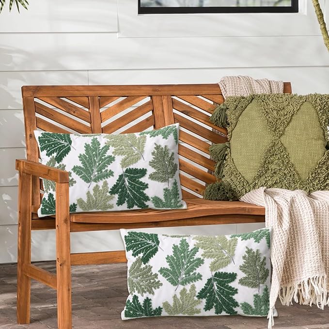 Set of 2 Embroidered Decorative Throw Pillow Covers Couch Square Pillowcases Cushion for Bedroom Sofa Farmhouse Decor 18x18 Inch (Green Maple Leaf-Lumbar)