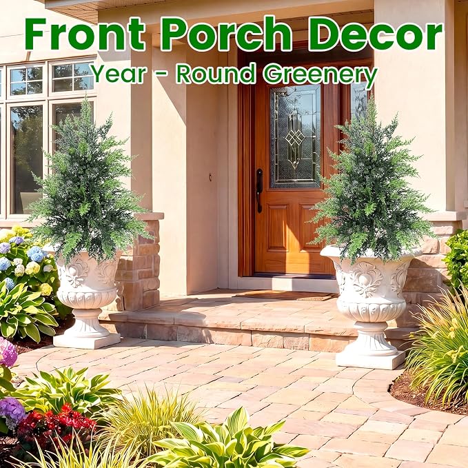 ENVEN Outdoor Artificial Topiary Cedar Tree Real Touch Faux Pine Evergreen Shrub Plant UV Resistant Greenery Tree with Pot Realistic Cypress Front Porch Decor (2FT-1Pack)