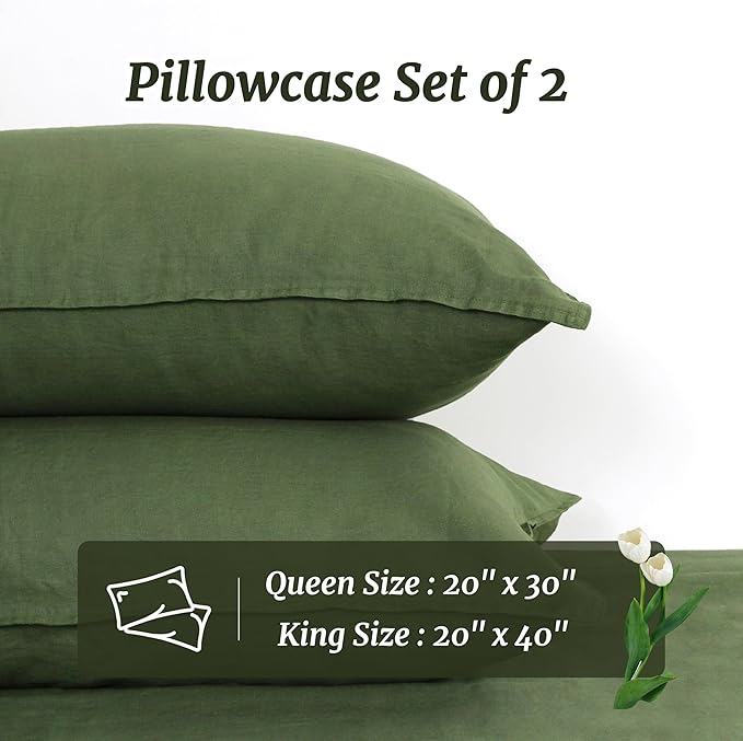 100% French Linen Pillowcase-Set of 2, Queen Size(20''x30''), Stone Washed Solid Color, Soft and Breathable (Olive Green, Queen)