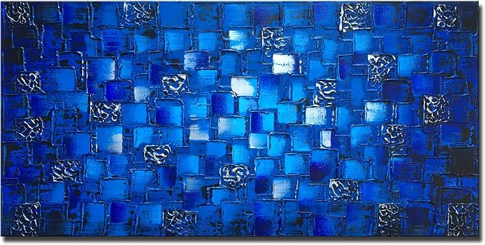 MyArton Thick Textured Abstract Squares Canvas Wall Art Hand Painted Artwork Modern Dark Blue add Silver Oil Painting for Home Decor Framed Ready to Hang 48x24inch