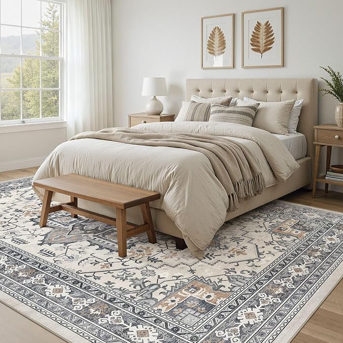 UERMEI 10x14 Area Rug Living Room Rugs - Washable Vintage Soft Large Rug Indoor Floor No Slip Rug Carpet for Bedroom Farmhouse Under Dining Table Home Office Decor - Grey-Orange