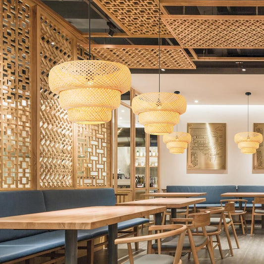 Bamboo Pendant Light,18.5" Boho Rattan Hanging Light 3-Tier Hand Woven Wicker Chandelier for Kitchen Island for Kitchen Island Dining Bedroom Living Room Restaurants