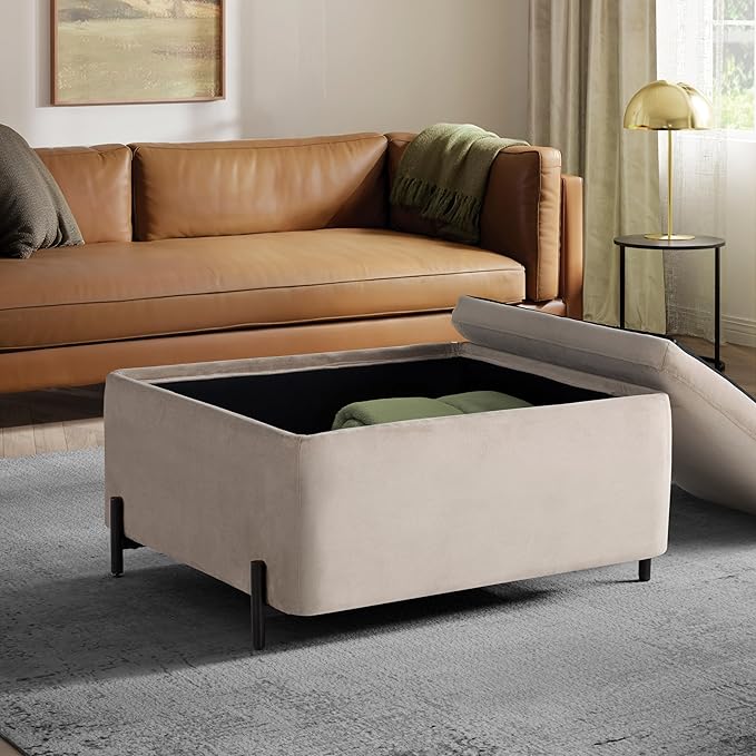 Studio Living® Connor 31.1" Large Storage Ottoman, Modern Boho, Matte Black Metal Legs, Velvet Fabric, Taupe