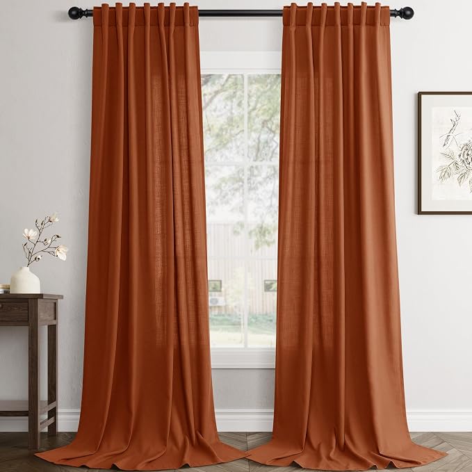 Jowels Terracotta Linen Curtains 100 Inch Long 2 Panels for Living Room | Burnt Orange Light Filtering Semi Sheer Curtain,Back Tab Pocket Pleated Look,Boho Textured Privacy Drapes for Bedroom Window