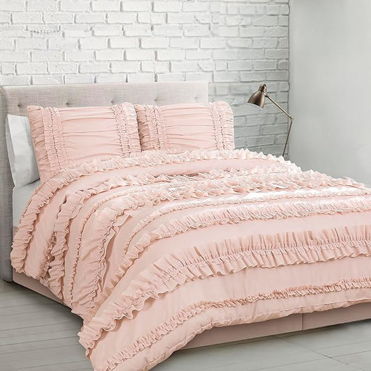 Lush Decor Belle Comforter Queen Size 4 Piece Set Blush - Ruffle Bedding Set - Cute Comforter - Coquette Decor - Queen Bedding