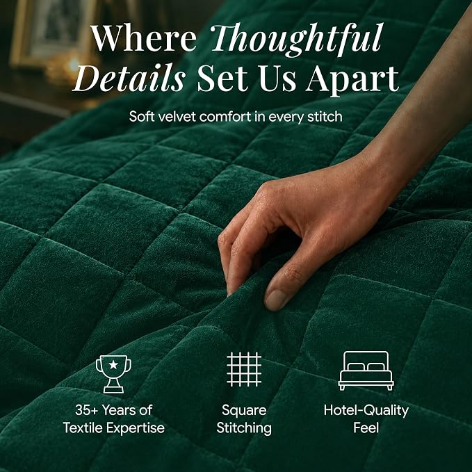 Tribeca Living Luxury Velvet Quilt Queen Size Set - 260GSM Ultra-Soft Oversized Velvet Bedspread Comforter Set with 2 Shams, in Florence Emerald Green