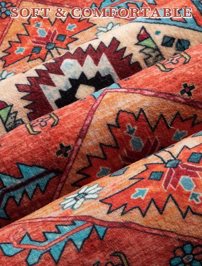 SERISSA Runner Rug for Hallways, 3x14 Washable Non Slip Kitchen Runner Rug, Extra Long Boho Rug Ultra Soft Vintage Orange Print Floor Carpet for Bedroom Hallway Entryway Bathroom Laundry Room