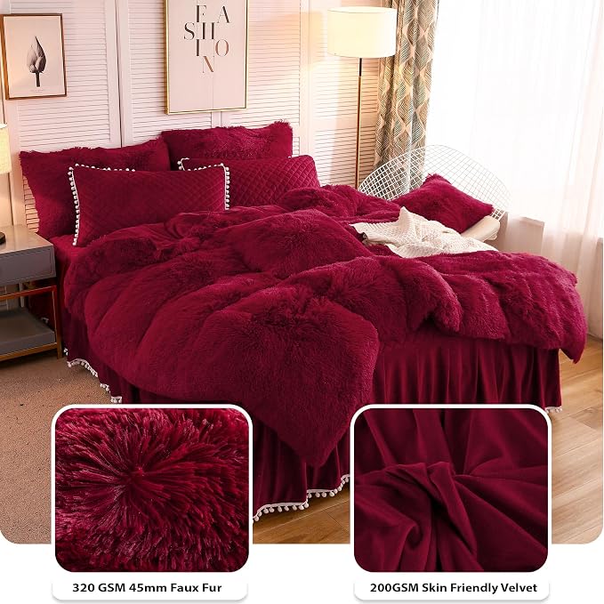 LIFEREVO Luxury Plush Shaggy Duvet Cover Set, Soft Fluffy Furry Duvet Cover Set(1 Fuzzy Faux Fur Comforter Cover+1 Pompoms Pillow Case) Christmas Bedding Set, Zipper Closure(Twin/Twin XL, Burgundy)