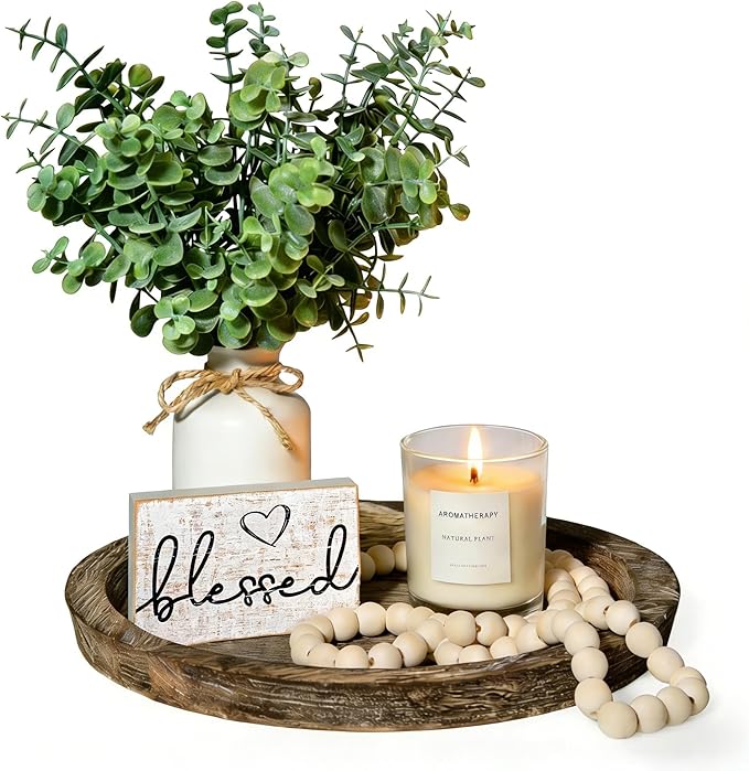 Rustic Modern Farmhouse Decor Set of 6 for Your Living Room, Kitchen Counter, Home or Table Centerpieces Room Decor, Wood Round Decorative Tray Easter Gifts for Women Men Easter Basket Stuffers