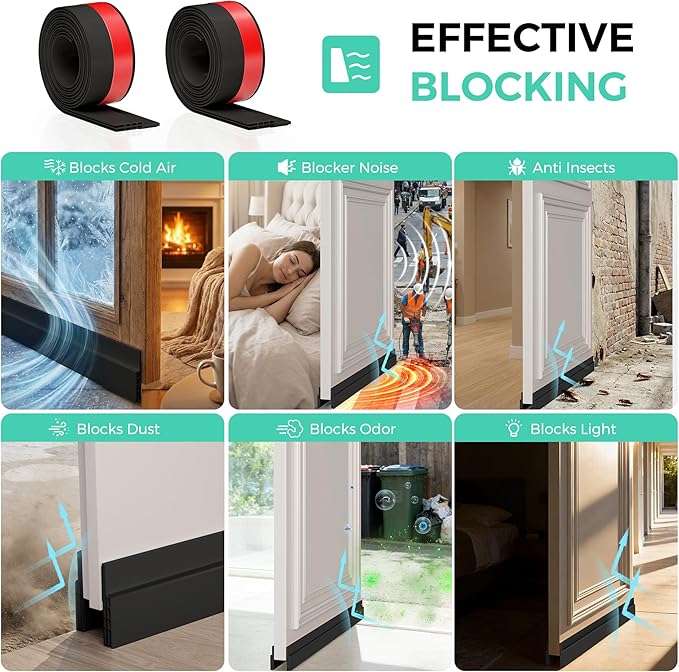 Hojoy 2 Pack Under Door Draft Stopper, Adjustable Door Sweep Anti-Collision Strong Adhesive Weather Stripping Tape Soundproof Draught Stoppers 2" W x 39" L, Black