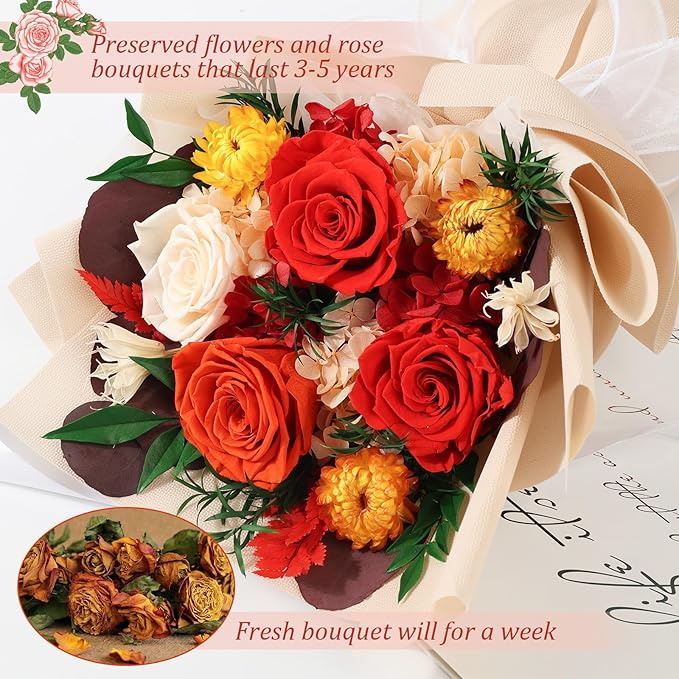 Preserved Flowers Bouquet 4 Roses with Vase,Flowers for Delivery Prime That Last 3-5 Years Real Forever Flowers Rose Bouquet for Mom Mother Women Wife Friends Birthday Mother's Day（Red）