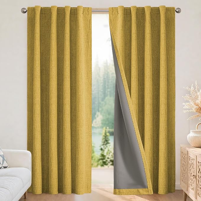 Joydeco Linen Blackout Curtains for Bedroom - 100% Light Blocking 1 Panels, Yellow Drapes 100" W x 108" L, Thermal Insulated Room Darkening Curtains for Living Room, Rod Pocket & Back Tabs