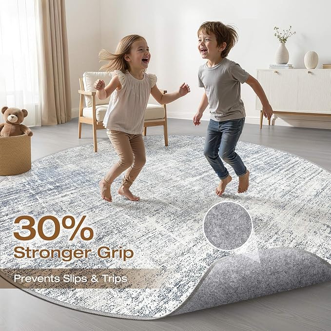 8ft Round Rug Living Room: 8x8 Washable Large Neutral Blue Circle Area Rug Abstract Soft Modern Stain Resistant Indoor Floor Non-Slip Carpet for Bedroom Nursery Kids Office Playroom Dining Room