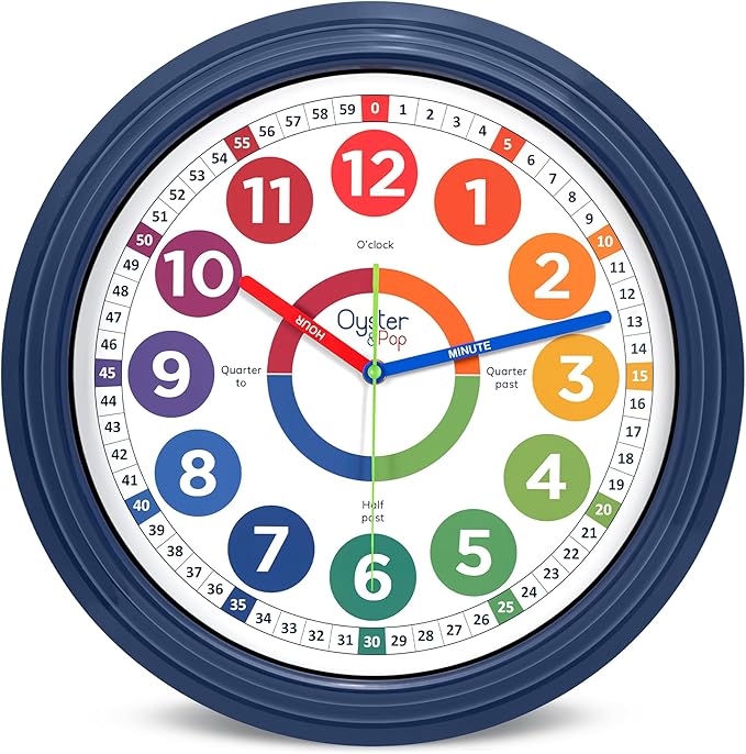 Oyster&Pop 16 Inch Extra Large Classroom Clock for Kids Learning to Tell Time – Silent Non-Ticking Analog Wall Clock – Color Coded Easy to Read – Indoor Outdoor
