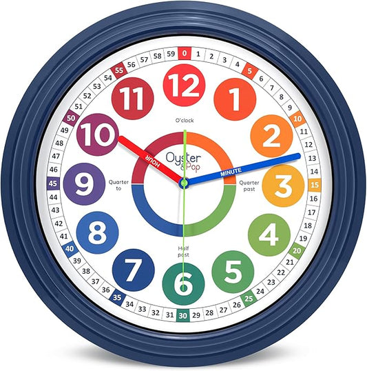 Oyster&Pop 16 Inch Extra Large Classroom Clock for Kids Learning to Tell Time – Silent Non-Ticking Analog Wall Clock – Color Coded Easy to Read – Indoor Outdoor