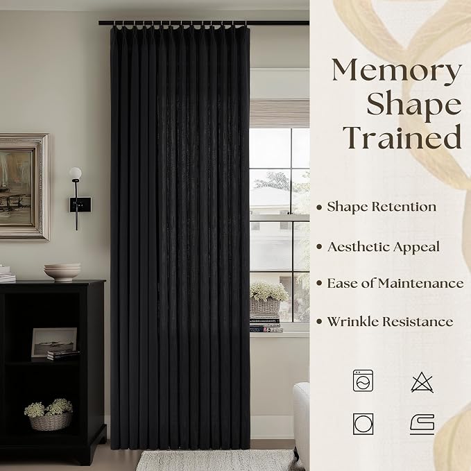 Black Semi Sheer Pinch Pleated Flax Linen Curtains 108 Inch for Living Room | Light Filtering Privacy, Bedroom Office, Faux Textured, Hook Rings Memory Shape Pinch Pleat, Elegant Luxury Contemporary