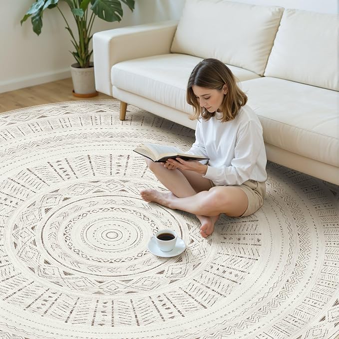 cotiled 8x8 Round Area Rug Living Room: Washable Boho Rugs with Non Slip Backing Large Soft Indoor Stain Resistant Carpet for Bedroom Farmhouse Dining Room Lightweight Home Decor L Brown/Cream