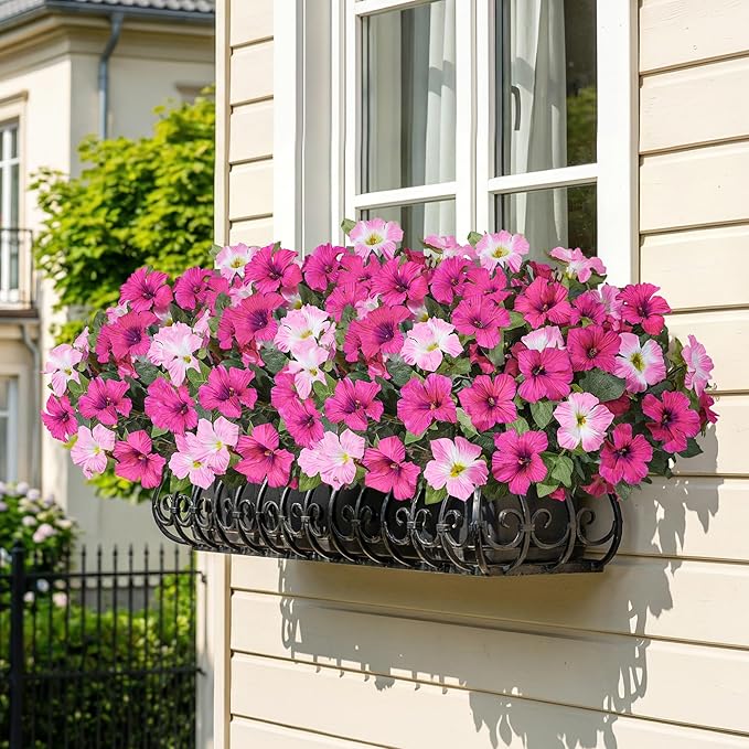 HyeFlora Artificial Flowers for Outdoors 4PCS Faux Petunias Silk Fake Flowers for Outside Planter UV Resistant Realistic Home Garden Porch Decor (Pink)