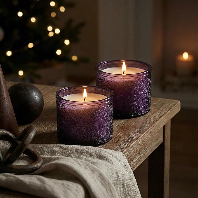 10 oz Purple Mandala Glass Candle Jars with Bamboo Lids, 9 Pack | Patented Embossed Design, Includes Wick Centering Devices & Warning Labels, Multiple Color Options