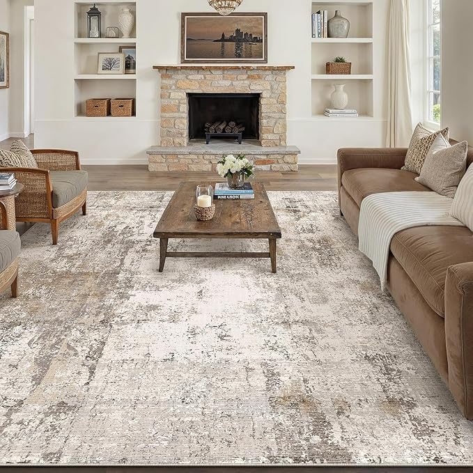 9x12 Washable Area Rug Brown Grey Abstract Non Slip Soft Low Pile Rug for Living Room Bedroom Dining Room Office Neutral Modern Indoor Large Throw Carpet for Home Decor