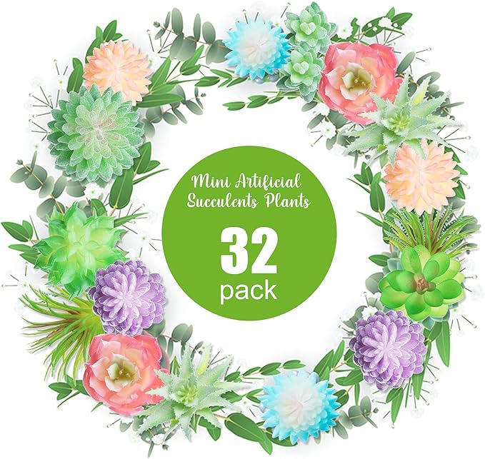 Jutom 32 Pieces Mini Artificial Succulents Unpotted Realistic Artificial Fake Plants Colorful Faux Succulents Small Cactus Plants for Garden Flower Kitchen Home Decor