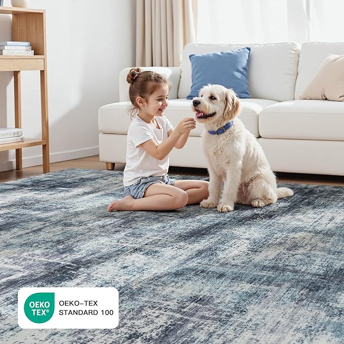 Lofus 9x12 Area Rug for Living Room, Blue Abstract Large Rugs with Non-Slip Backing, Neutral Modern Washable Carpet for Bedroom Dining Room Home Office Nursery Indoor
