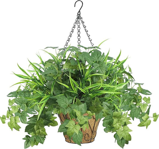 Artificial Hanging Plants with Basket, 5 PCS UV Resistant Fake Outdoor Greenery, Faux Grape Leaves for Home Garden Patio Front Porch Yard Decor