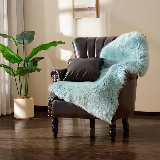 Premium Genuine Sheepskin Area Ruge - Real Wool Fur Shaggy Carpet | Fluffy Soft Natural Lambskin Rug Seat Chair Covers for Couch Sofa Bedroom Living Room(Light Blue,2×3 Feet Sheepskin)
