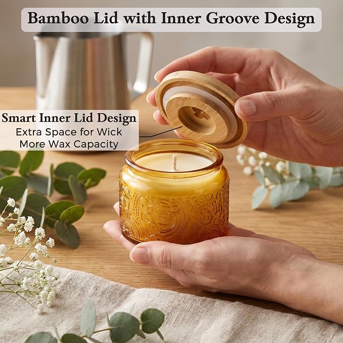 4 oz Orange Sun Moon Stars Candle Jars with Bamboo Lids, 18 Pack | Patented Embossed Design, Includes Wick Centering Devices & Warning Labels, Multiple Color Options